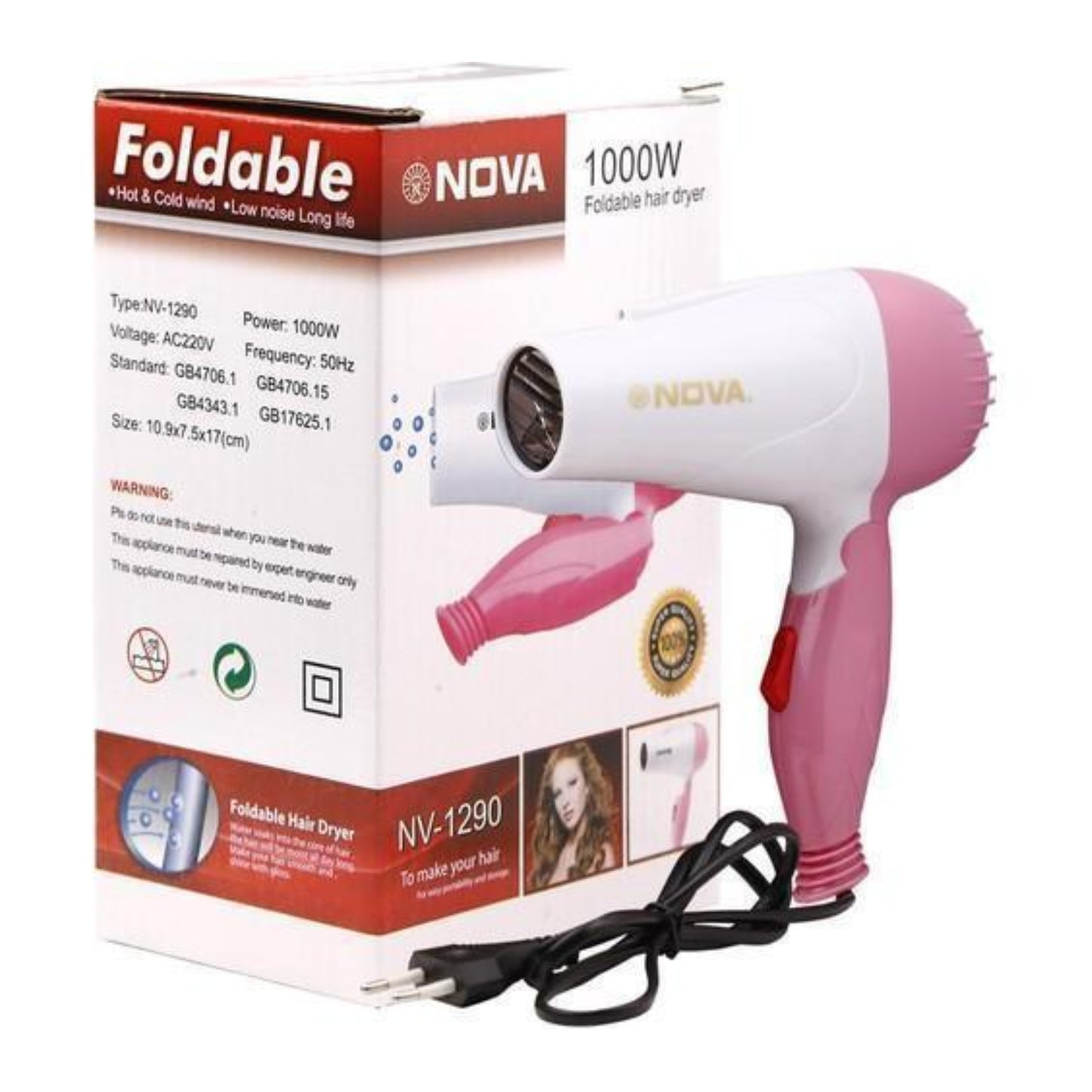 Nova NV-1290 Foldable Hair Dryer | 1000W Hot Air Quick Drying & Styling Machine – Bellokart